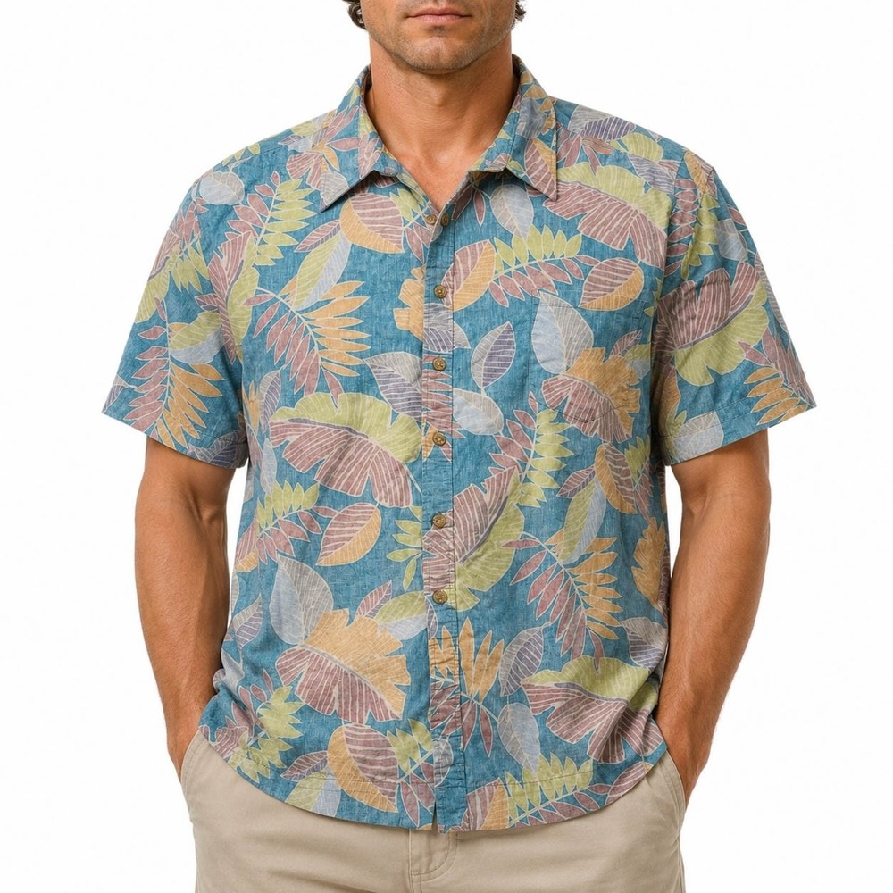 Cooke Street Honolulu Mens 2XL Aloha Shirt Blue Tropical Leaf Cotton Made in USA